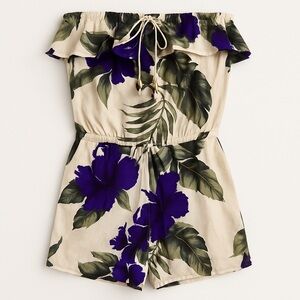 Hawaiian Floral Off-Shoulder Romper • Purple Hibiscus Print • Size S